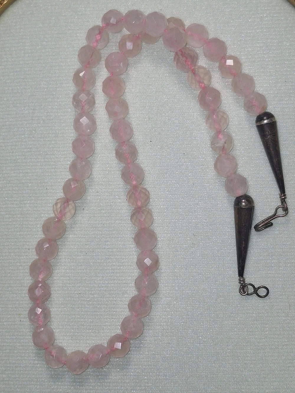 Vintage Faceted Pink Rose Quartz Beaded Necklace - Stamped Sterling